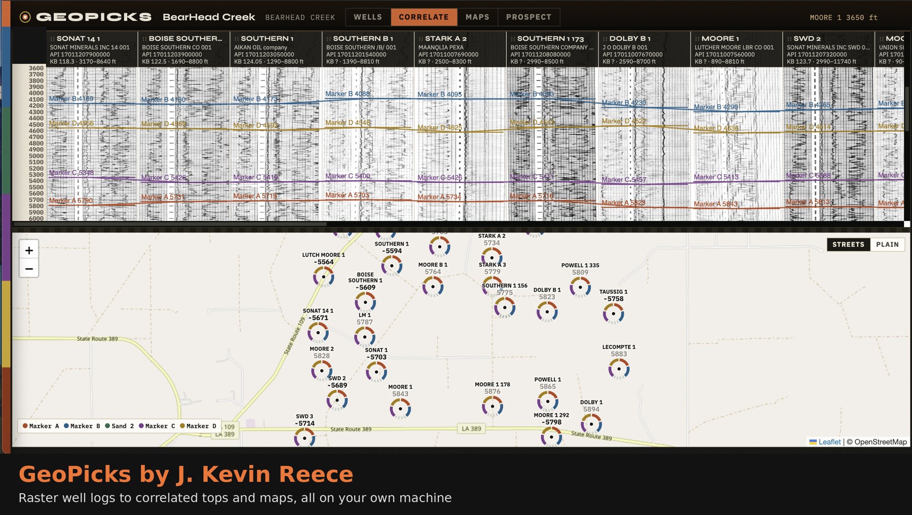 GeoPicks correlation panel and basemap for a 27-well Louisiana field